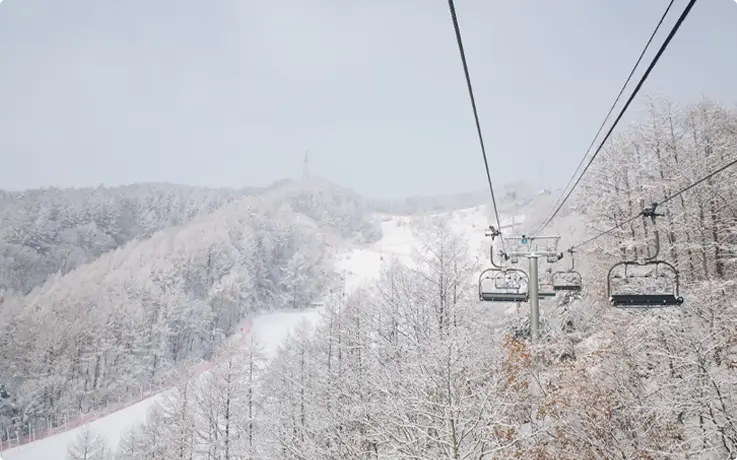 Elysian Gangchon Ski Resort covered in snow with a gondola