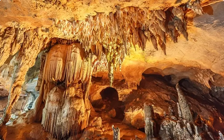 Stalactites and stalagmites in Pra That Cave in Kanchanaburi