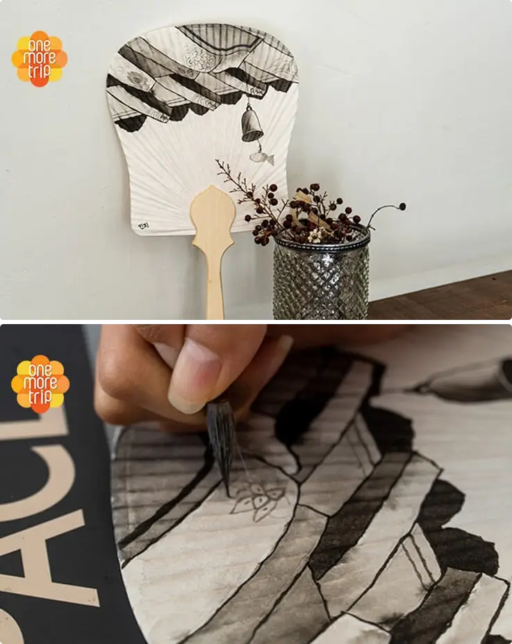 Hand fan made during the class on top, with a visitor drawing a Hanok illustration on a fan at the bottom