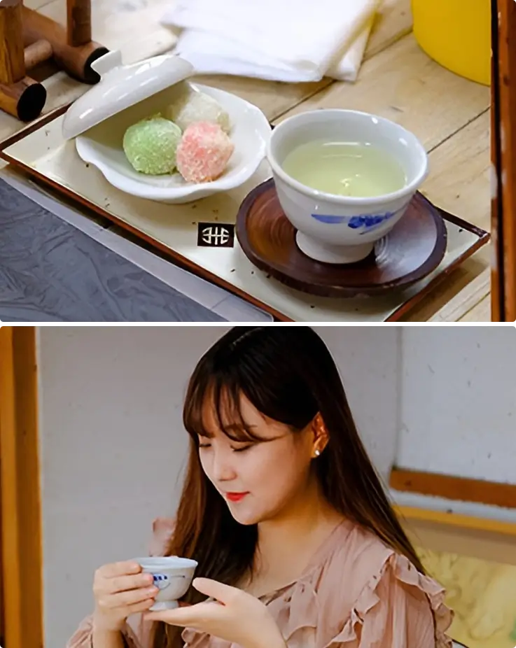 Snacks and tea served at the workshop in Gyeongju at the top, and a visitor enjoying tea at the bottom