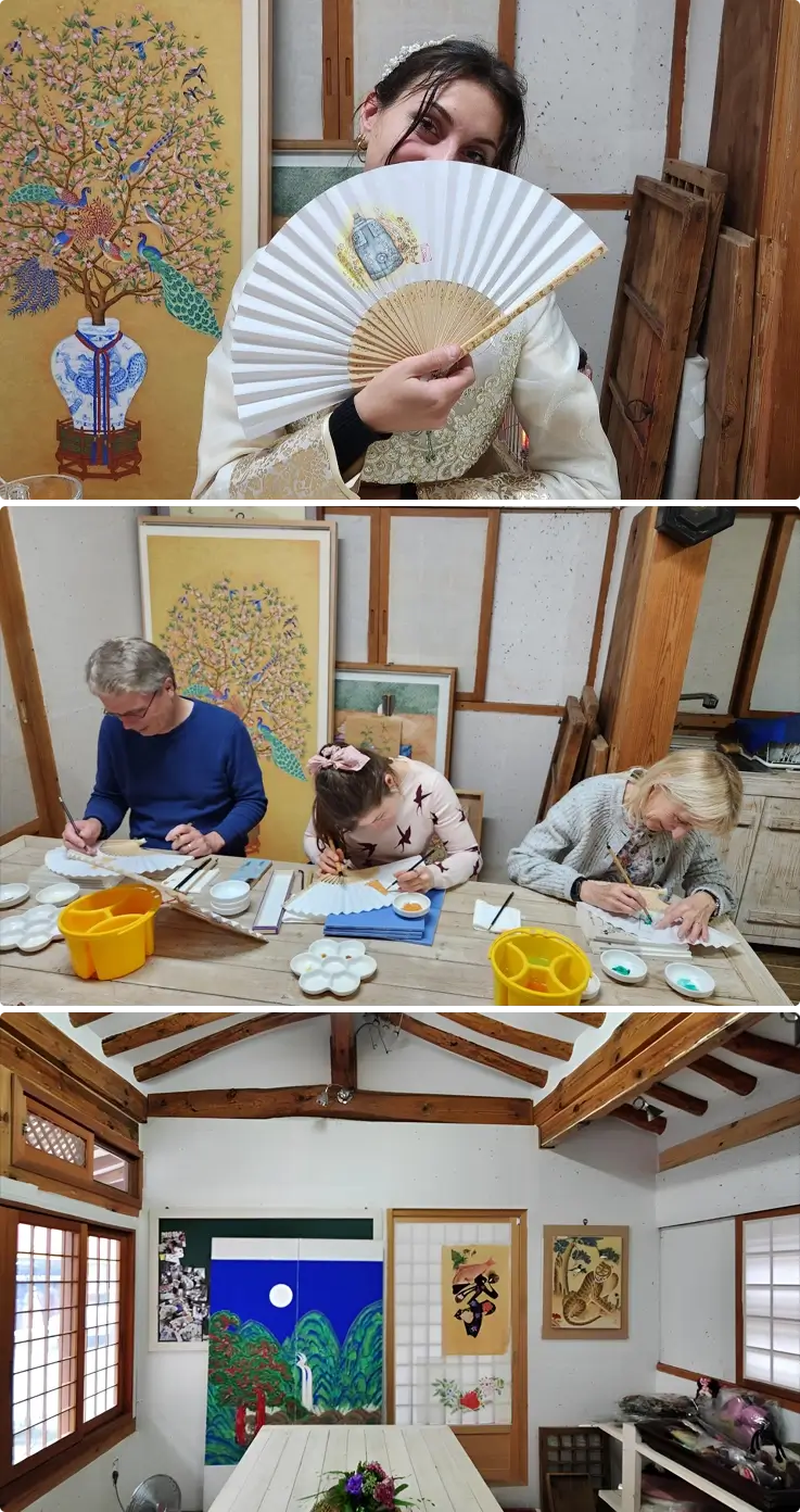 A visitor holding a painted fan at the top, visitors painting fans in the middle, and a workshop in Gyeongju at the bottom