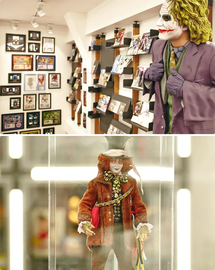 Exhibition on the 2nd floor of Figure Museum W featuring American and Japanese comic and animation figures.