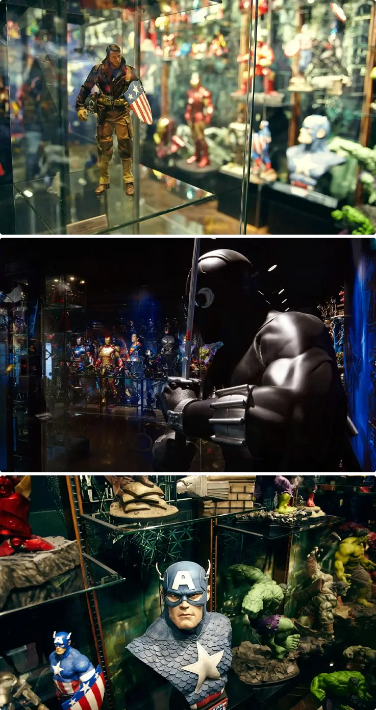 Exhibition on the 3rd floor of Figure Museum W featuring Marvel and DC comic characters.