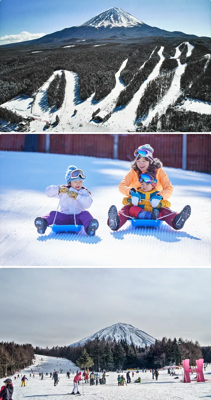 Slopes of Fujiten Snow Resort on top, visitors snow sledding in the middle, visitors at the Fujiten Snow Resort on the bottom