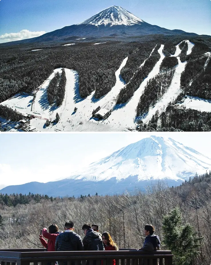 Aerial view of Fujiten Snow Resort on top and visitors taking photos with Mt. Fuji from the observation deck on the bottom
