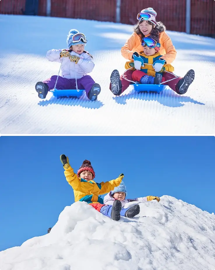 Visitors enjoying snow sledding on top and snow play on the bottom at Fujiten Snow Resort