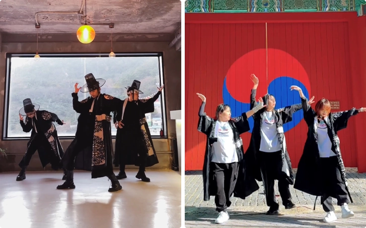 Visitors dancing in hanbok at Gamcheon Groove in Busan