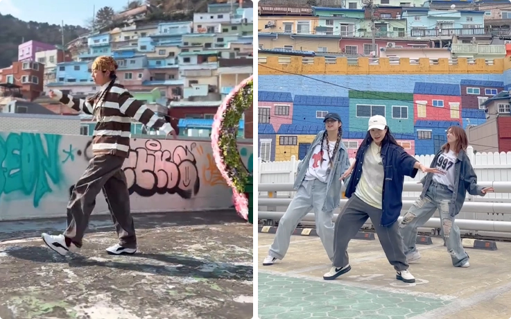 Visitors practicing dance moves at a dance class in Gamcheon Groove in Busan