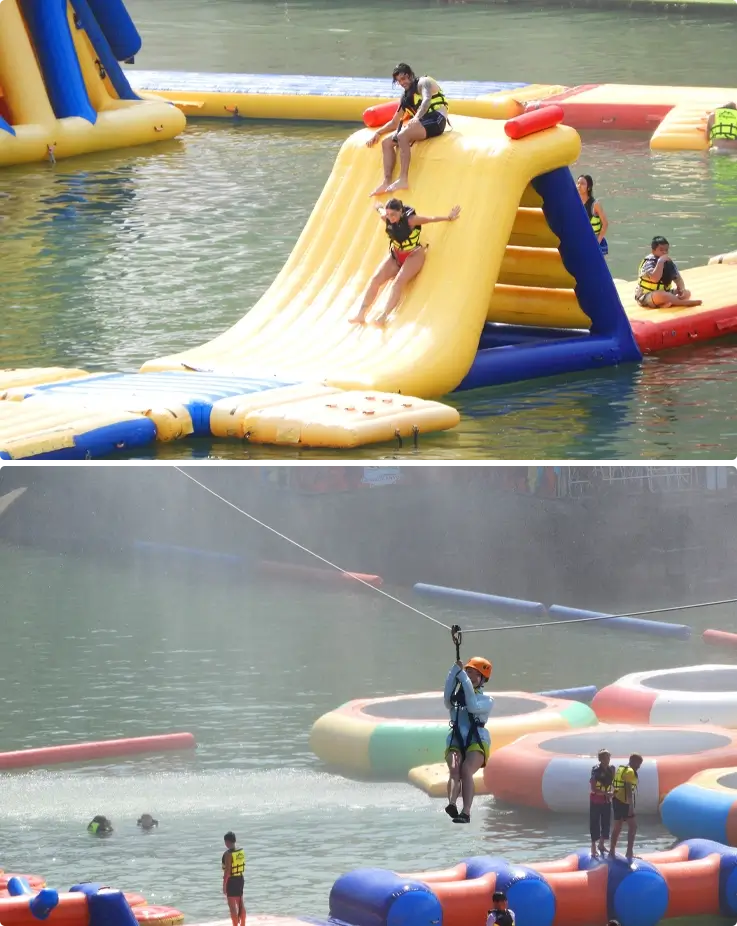 Visitors enjoying water activities on top and zipline on the bottom at Grand Canyon Water Park in Chiang Mai
