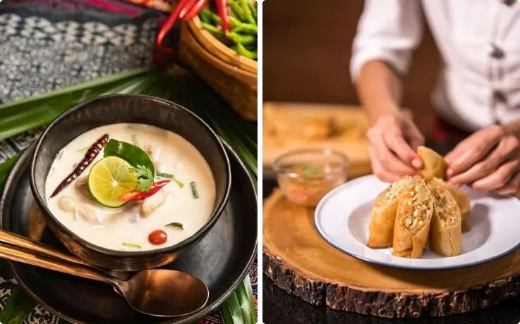 Coconut soup on the left and spring rolls on the right cooked at Grandma’s Cooking School in Chiang Mai