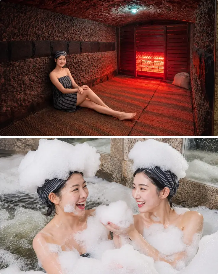 Traditional sauna steam room and bath at women's only mud sauna in Myeongdong