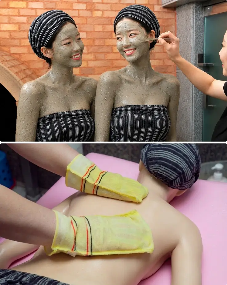 Visitor receiving a full-body Boryeong mud pack and scrub
