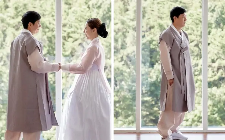 Hanbok rental in Busan by Hanminyeo featuring a couple wearing brown-toned Hanboks.