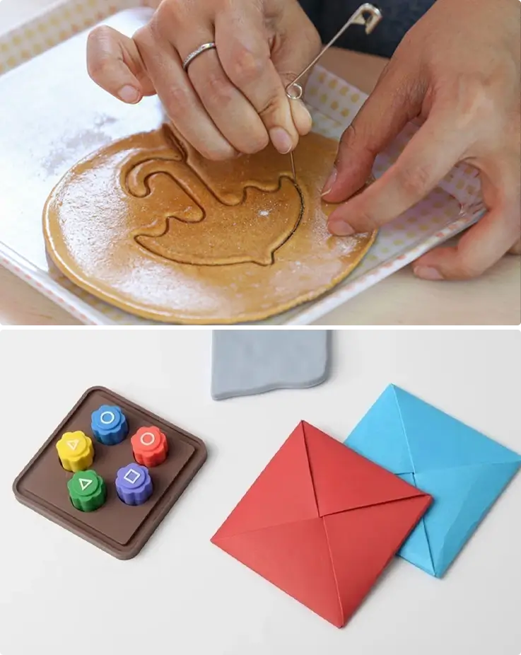 Traditional Korean games: Dalgona on top, gonggi and ttakji on the bottom