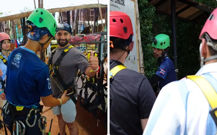 Visitor wearing safety gear on the left and staff explaining safety guidelines on the right at Hanuman World Phuket