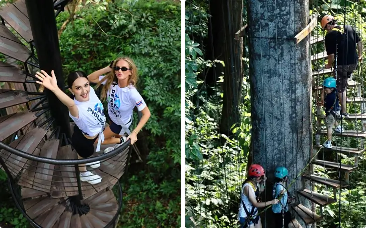 Visitors enjoying the spiral staircases at Hanuman World Phuket