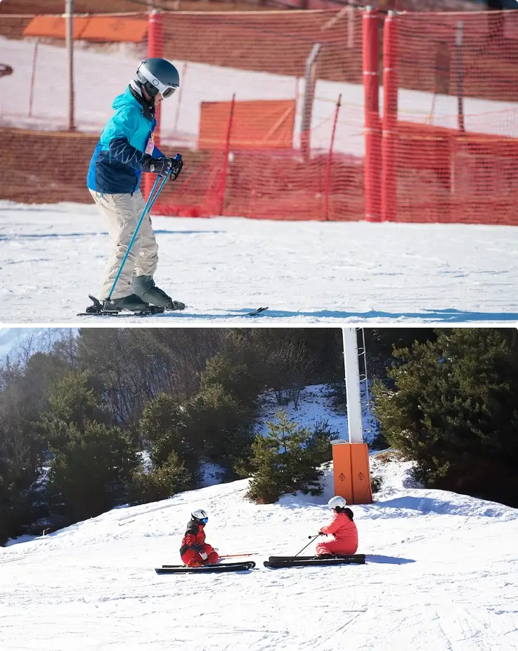 Visitors taking a ski lesson at Jisan Forest Ski Resort near Seoul