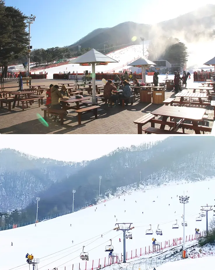 Rest area above and ski slope below at Jisan Forest Ski Resort near Seoul