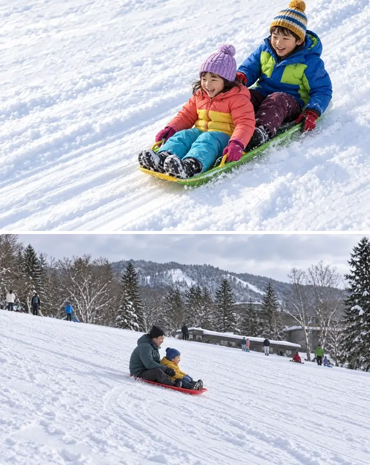 Visitors snow sledding at Hoshino Reosrts TOMAMU