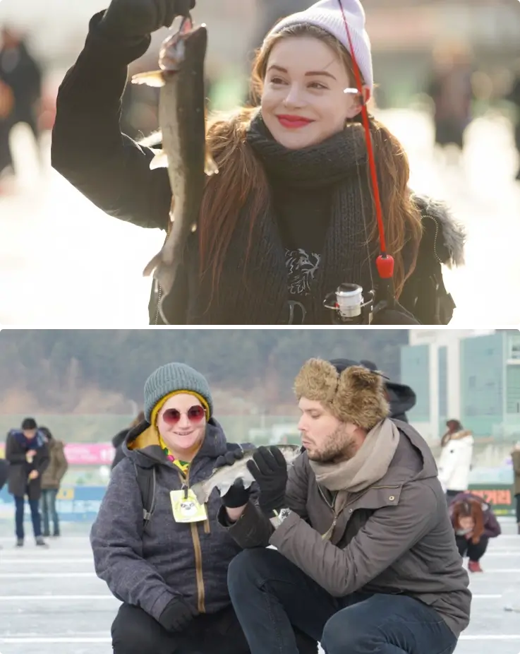 Visitors ice fishing at Hwacheon Sancheoneo Ice Festival