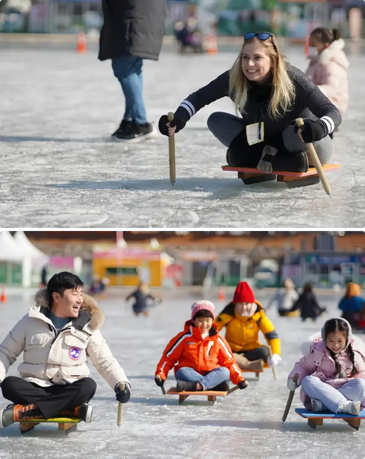 Visitors ice sledding at Hwacheon Sancheoneo Ice Festival