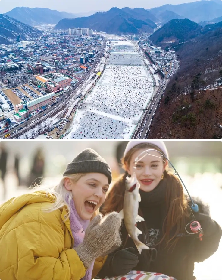 Aerial view of the Hwacheon Sancheoneo Ice Festival at the top and visitors fishing at the bottom