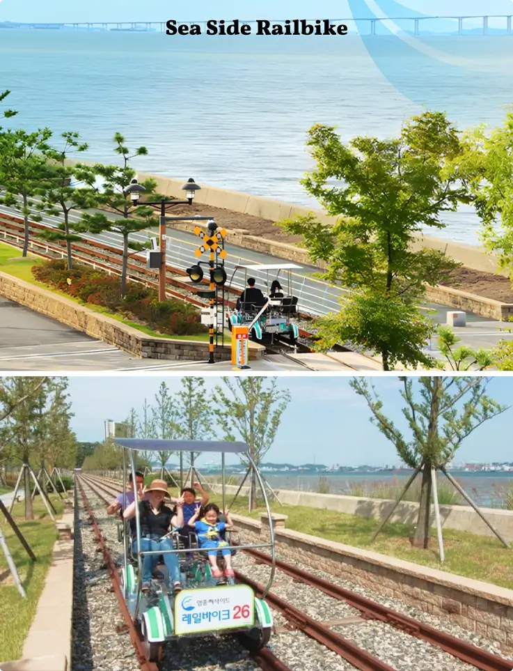 Visitors riding Yeongjong Seaside Rail Bike