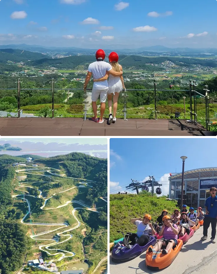 Visitors taking photos at Ganghwa Luge on the top, the luge trail on the bottom left, and visitors posing before the ride on the bottom right.
