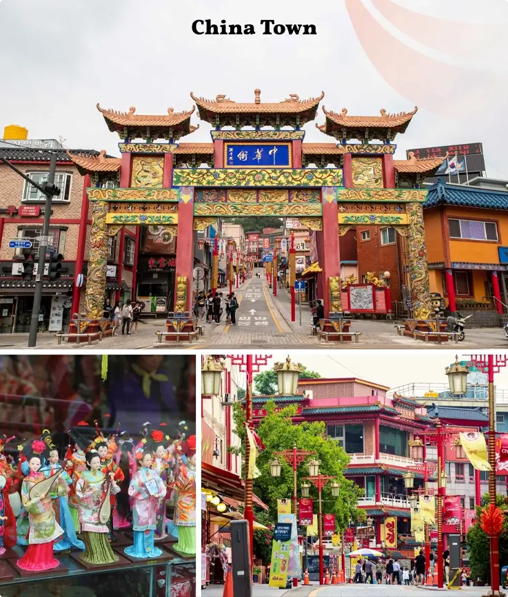 Entrance of China Town in Incheon on the top, vibrant alleys of China Town on the bottom
