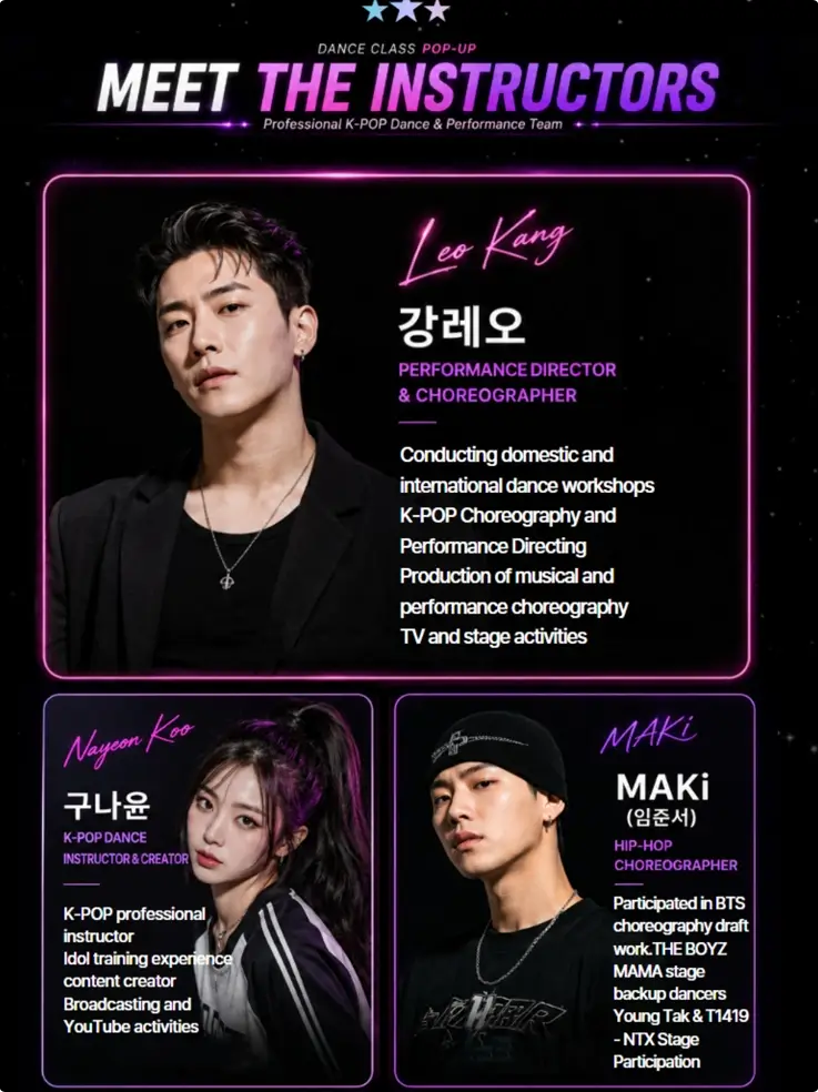 Dance instructors at Sangsang Platform Dance Academy in Incheon