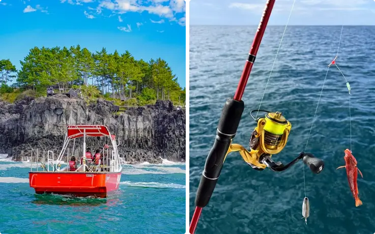 Visitors on a Jeju boat fishing experience
