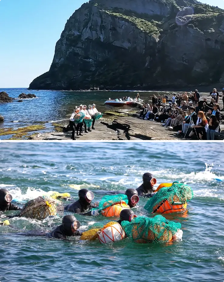 Haenyeo demonstrating diving at Haeneyo diver show in Jeju