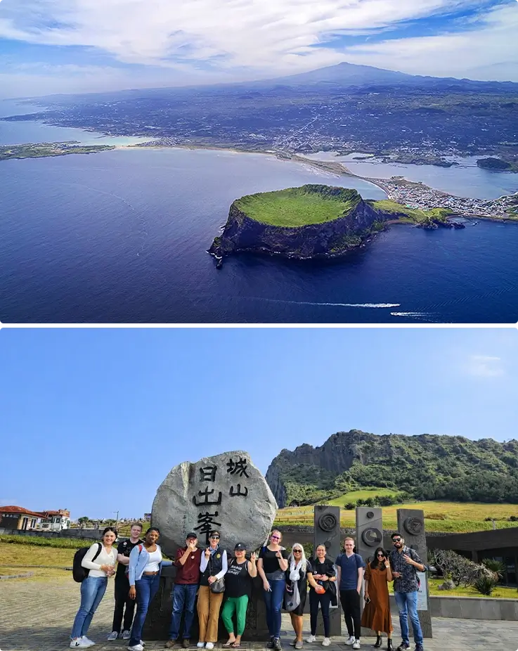 Seongsan ilchulbong in Jeju on top, visitors taking photos in front of Seongsan ilchulbong in the bottom