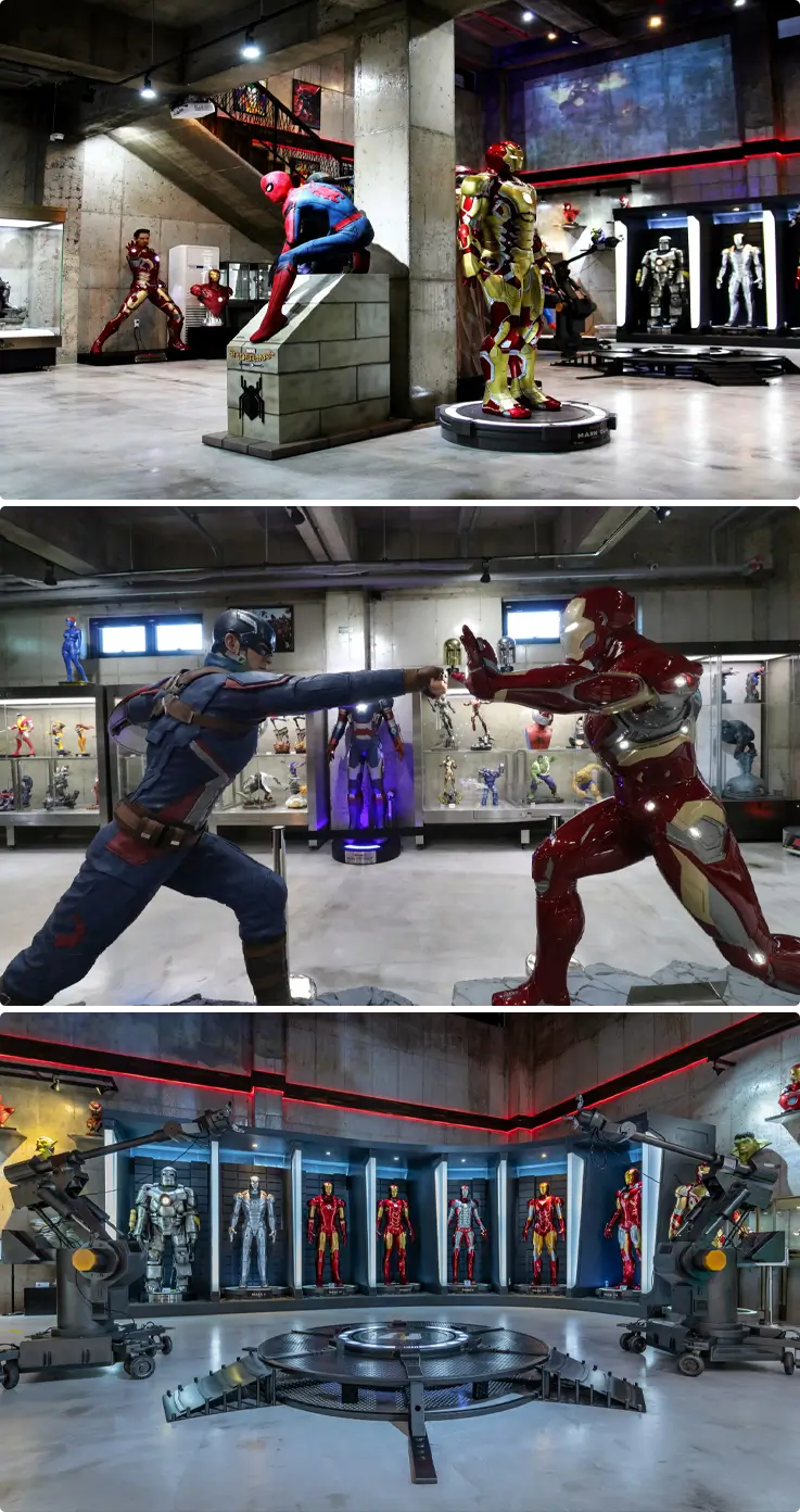 Figure of Spider-Man and Iron Man on top, Captain America and Iron Man fighting in the middle, and various Iron Man suits on the bottom at Jeju Figure Museum