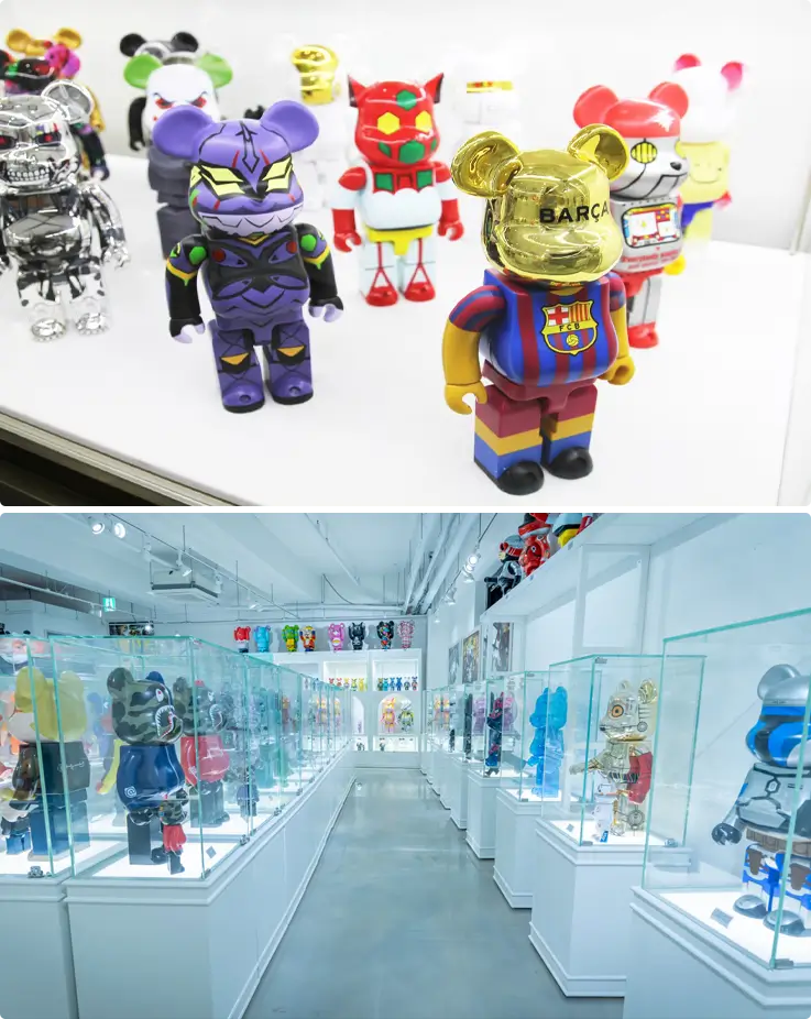 Various Bear Brick figures in soccer uniforms and other character designs at Jeju Figure Museum