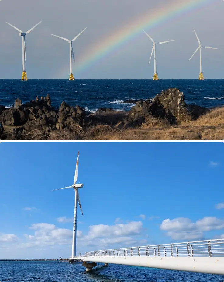 Windmills at Sinchang Windmill Coastal Road in Jeju