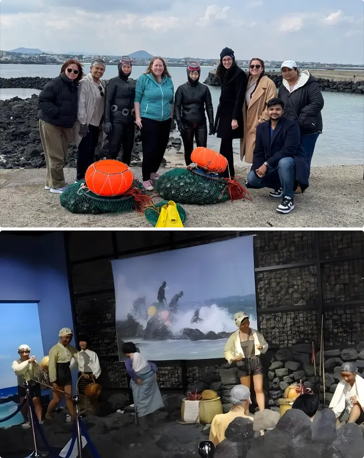 Visitors taking photos with Haenyeo on top, exhibition at the Haenyeo Museum on the bottom in Jeju Island