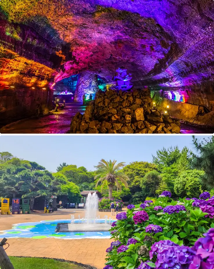 Micheon Cave at the top and a garden with seasonal flowers at Jeju Ilchul Land