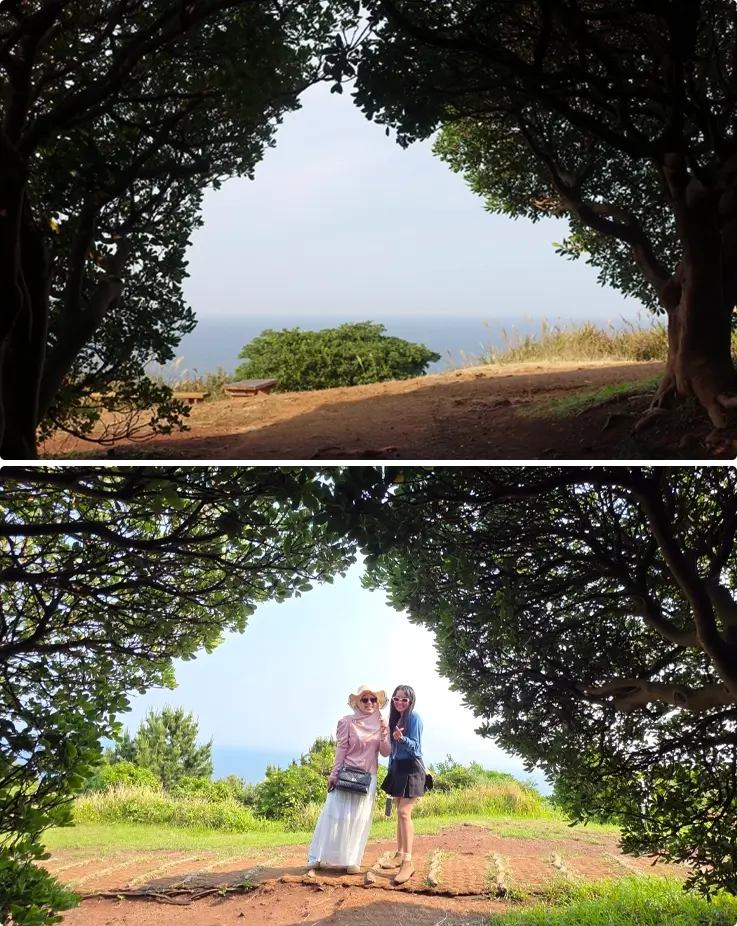 Visitors taking photos at the photo spot at Dodubong in Jeju Island