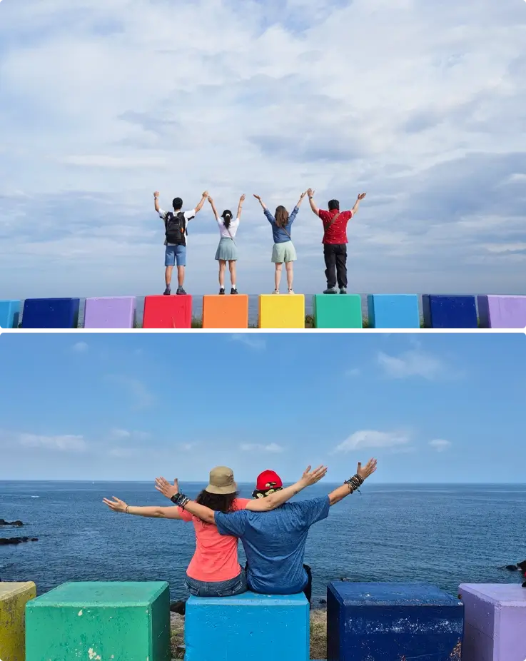 Visitors taking photos at the Rainbow Coastal Road in Jeju