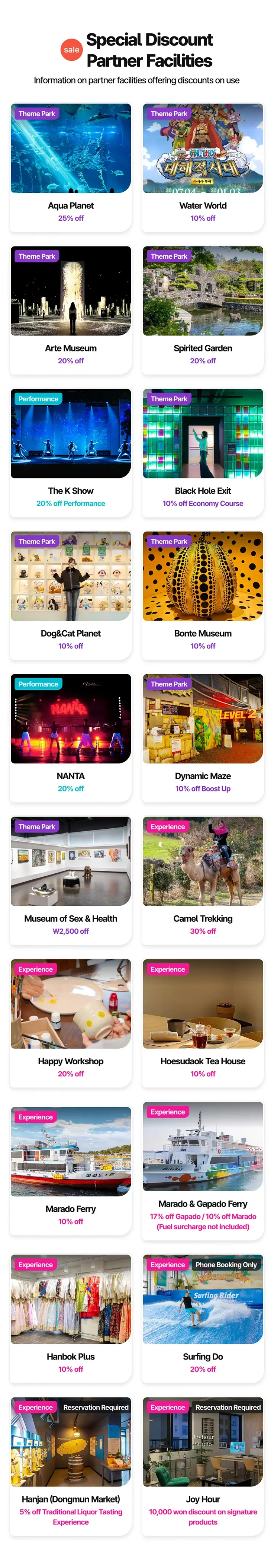 List of partner facilities for Jeju Travel Pass