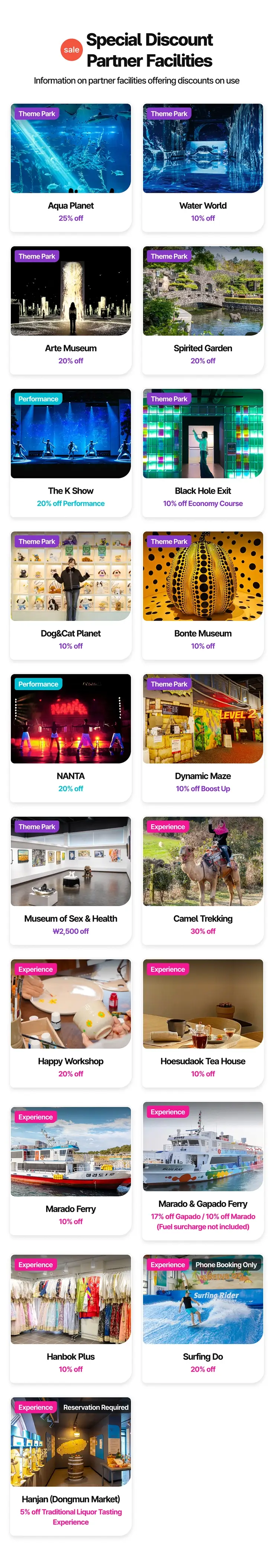 List of partner facilities for Jeju Travel Pass