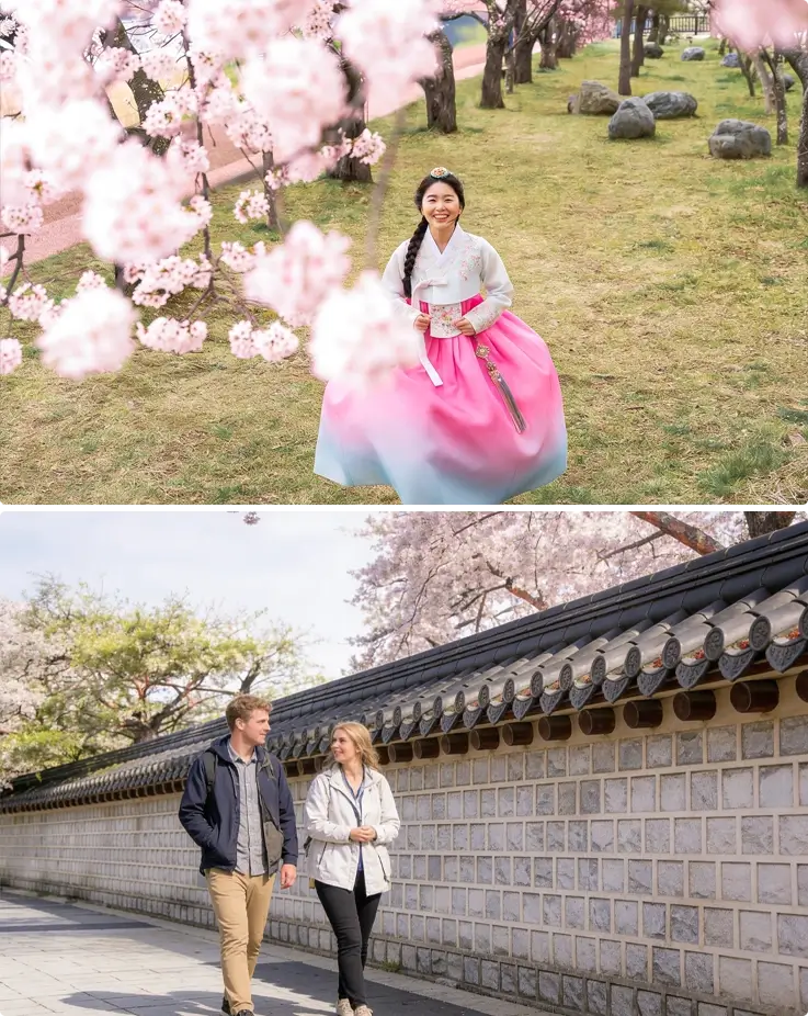 Jeonju Hanok Village with seasonal flowers and a visitor in a hanbok