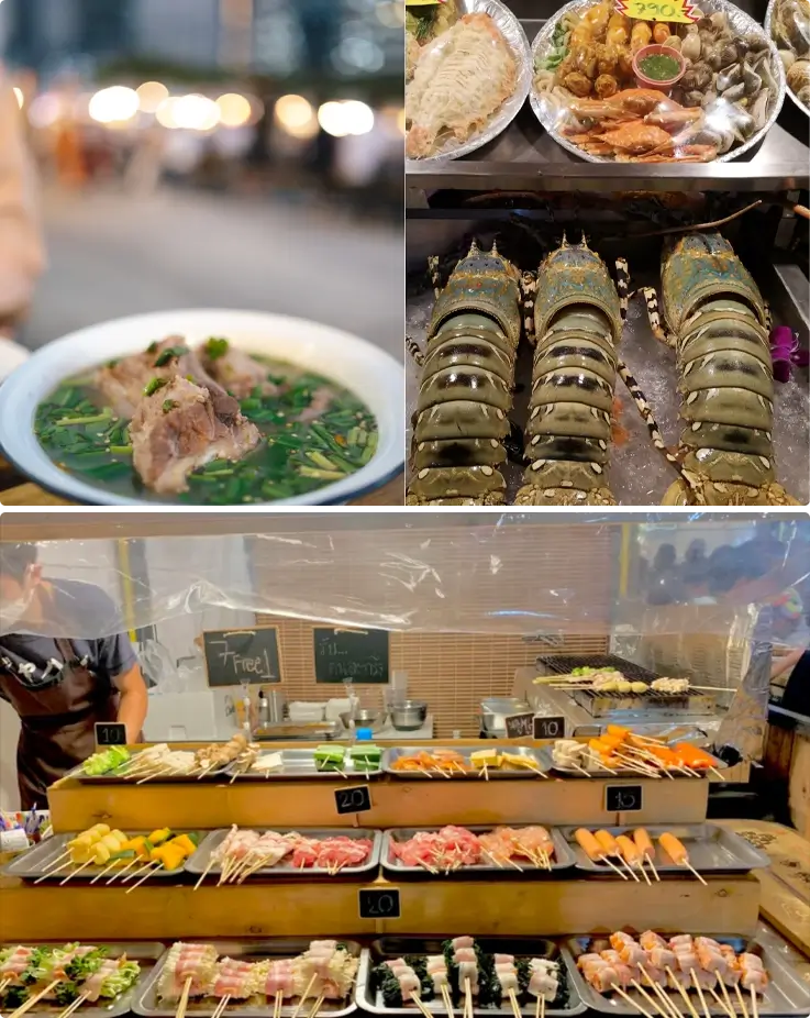 Street food stalls at Jodd Fairs Night Market in Bangkok