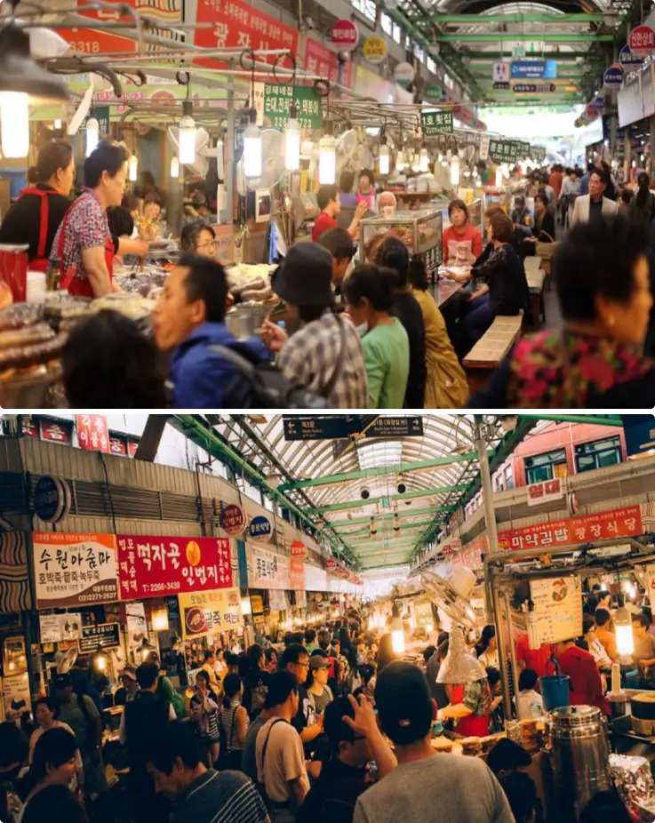 Food stalls at Gwangjang Market in Seoul