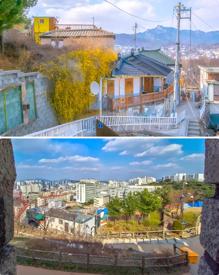 Colorful murals and city view from Ihwa Mural Village.