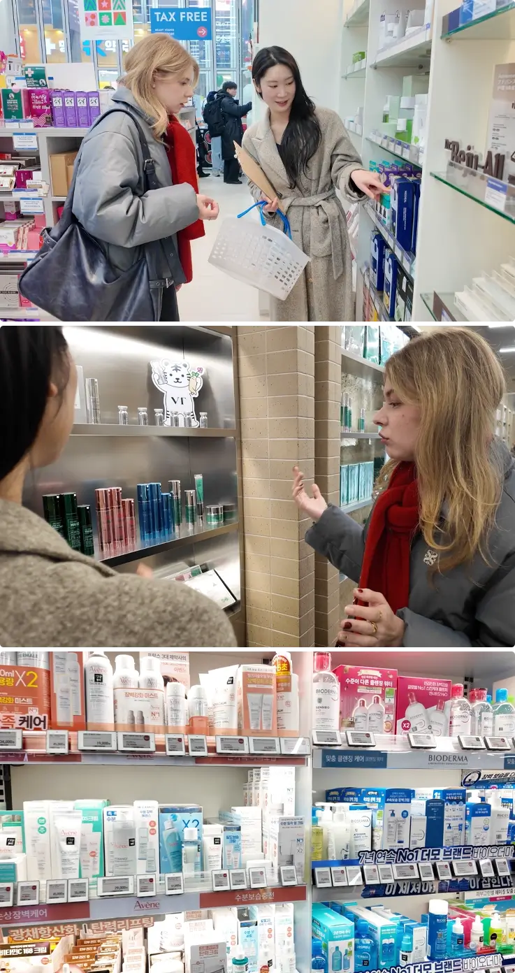 Guide explaining about the products at Olive Young on the K-Beauty shopping tour in Myeongdong