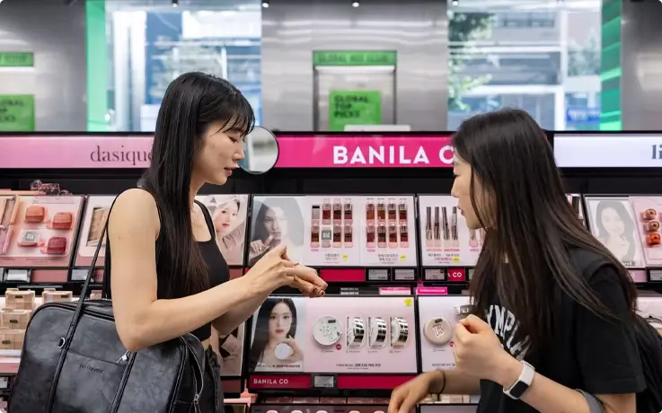 Guide explaining about the products at Olive Young on the K-Beauty shopping tour in Myeongdong
