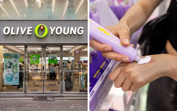 Olive Young on the left and guide showing skincare products on the right during the K-Beauty shopping tour in Myeongdong