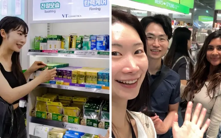 Guide explaining about the products at Olive Young on the K-Beauty shopping tour in Myeongdong